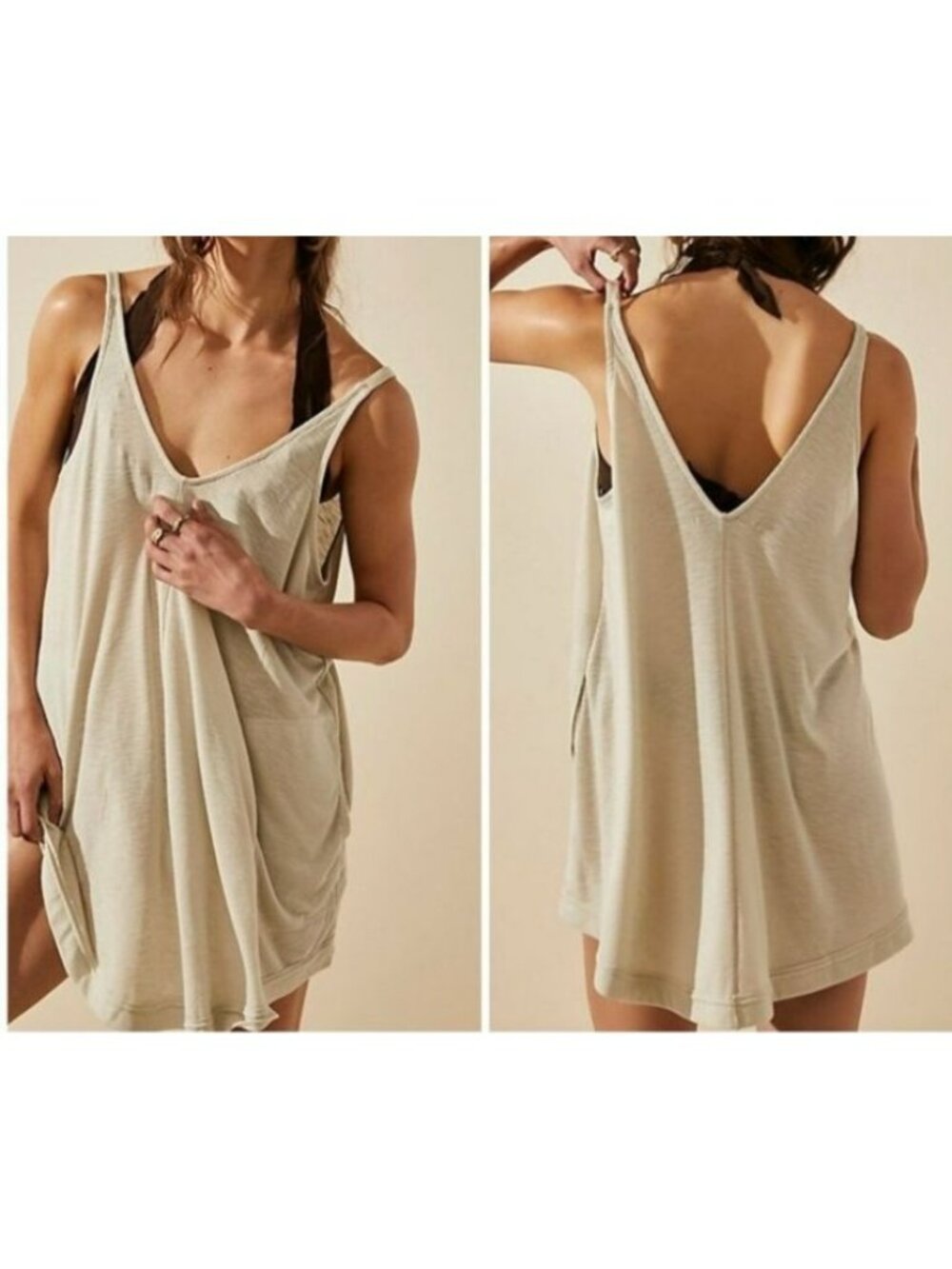 FP Beach Dress Ribbed Knit Tank Pockets Beige Sleeveless Size M Sundress Beach